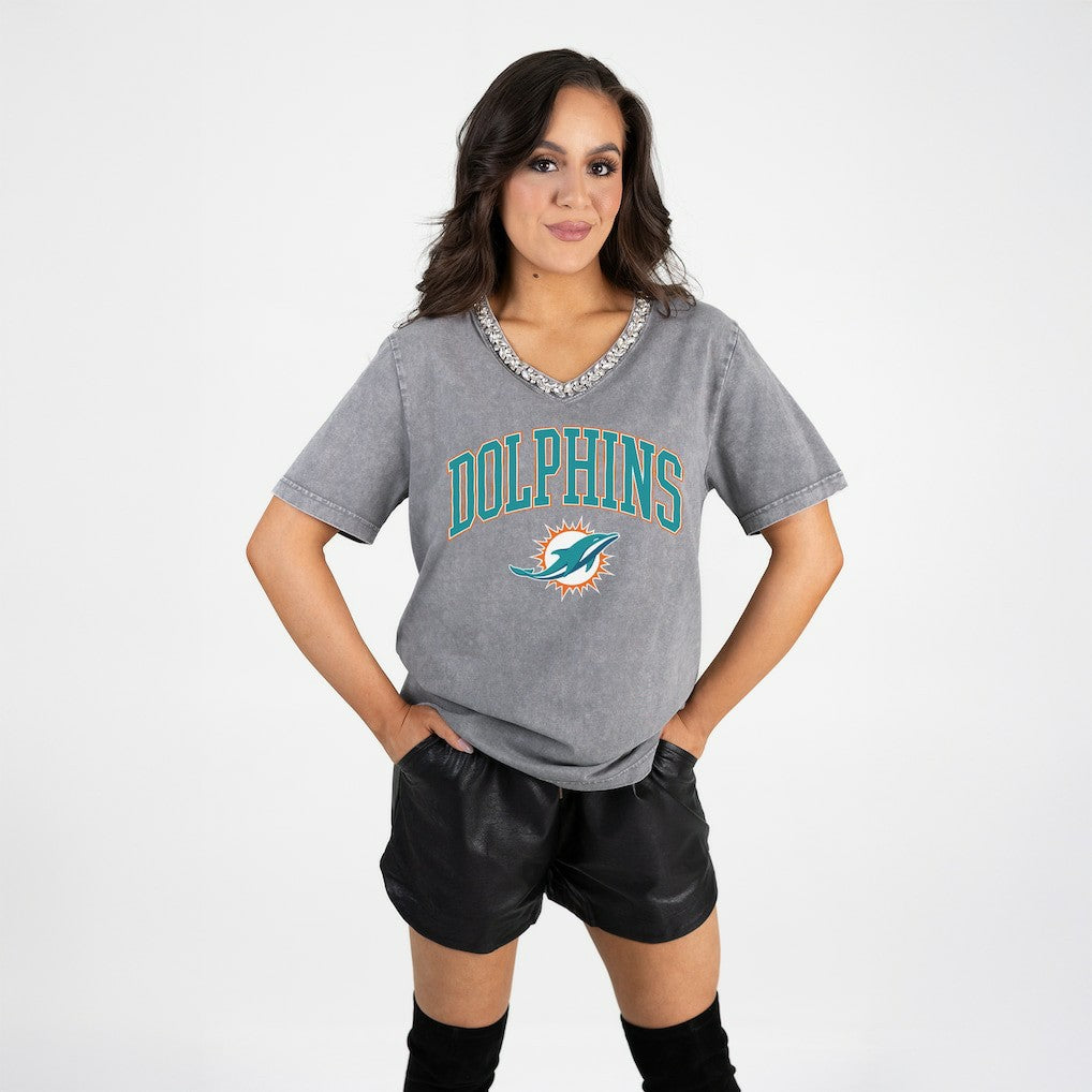 Miami Dolphins Gameday Couture Women's Relaxed Iconic Edge Rhinestone V-Neck T-Shirt - Gray - NFL