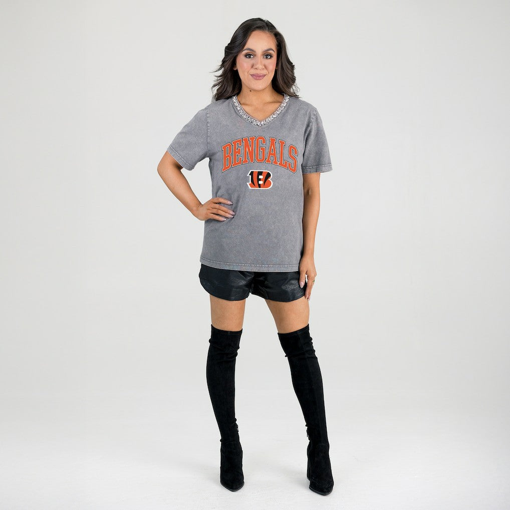 Cincinnati Bengals Gameday Couture Women's Relaxed Iconic Edge Rhinestone V-Neck T-Shirt - Gray - NFL