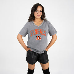 Cincinnati Bengals Gameday Couture Women's Relaxed Iconic Edge Rhinestone V-Neck T-Shirt - Gray - NFL