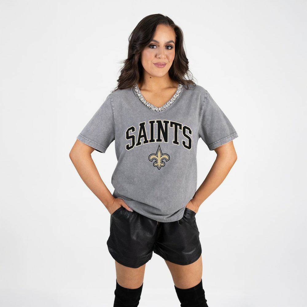 New Orleans Saints Gameday Couture Women's Relaxed Iconic Edge Rhinestone V-Neck T-Shirt - Gray - NFL