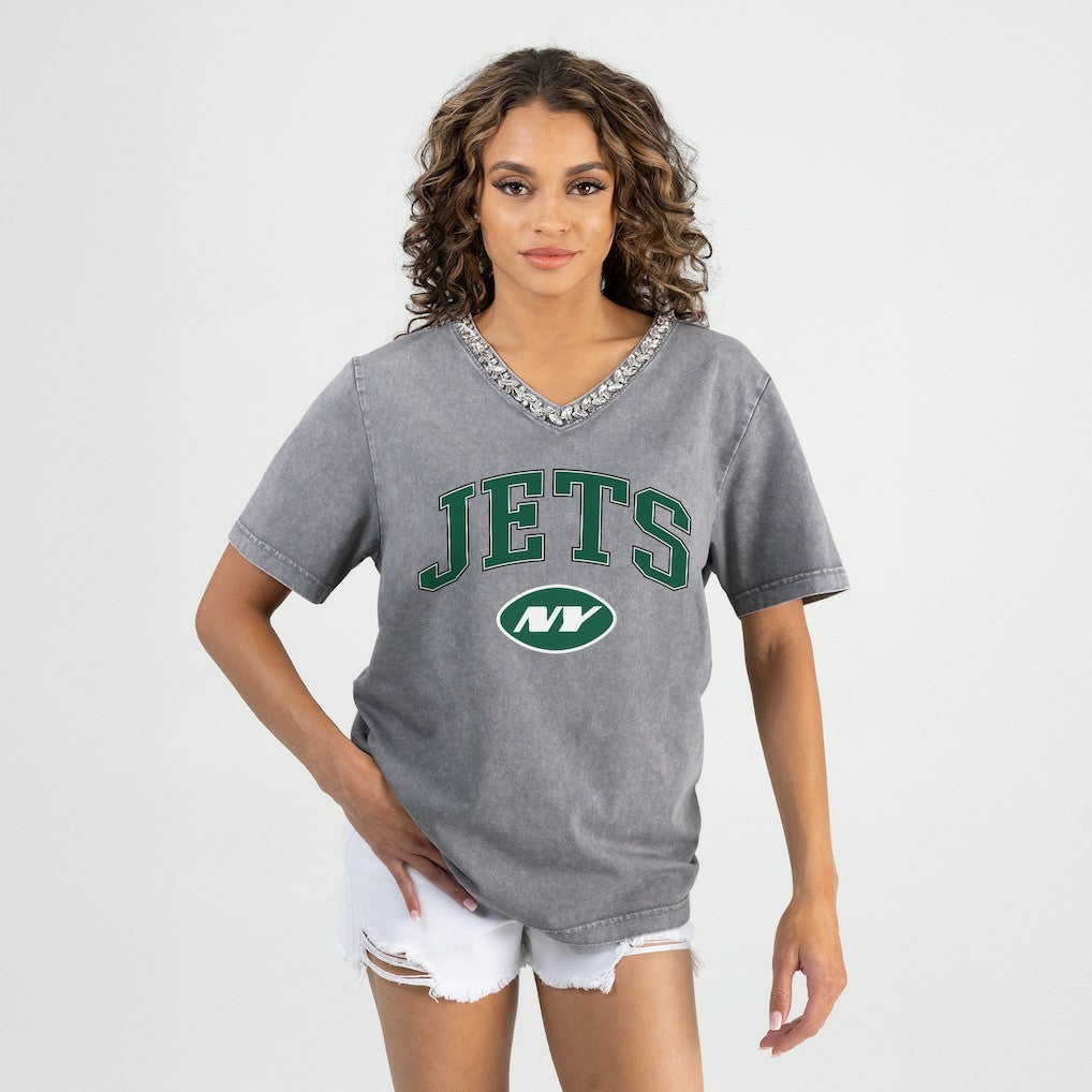 New York Jets Gameday Couture Women's Relaxed Iconic Edge Rhinestone V-Neck T-Shirt - Gray - NFL