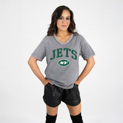 New York Jets Gameday Couture Women's Relaxed Iconic Edge Rhinestone V-Neck T-Shirt - Gray - NFL