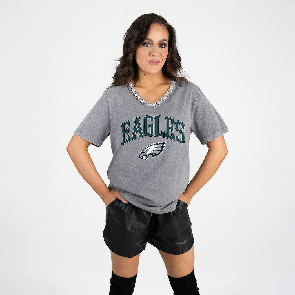 Philadelphia Eagles Gameday Couture Women's Relaxed Iconic Edge Rhinestone V-Neck T-Shirt - Gray - NFL