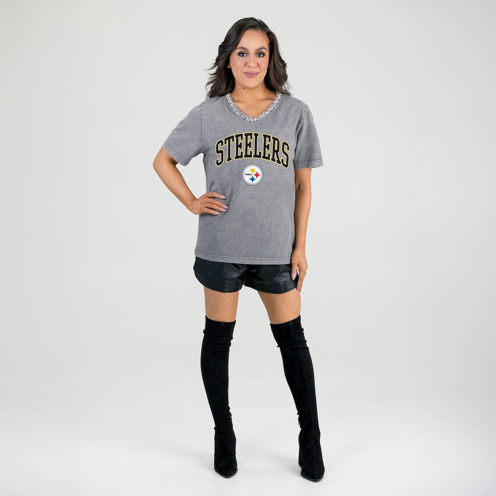 Pittsburgh Steelers Gameday Couture Women's Relaxed Iconic Edge Rhinestone V-Neck T-Shirt - Gray - NFL
