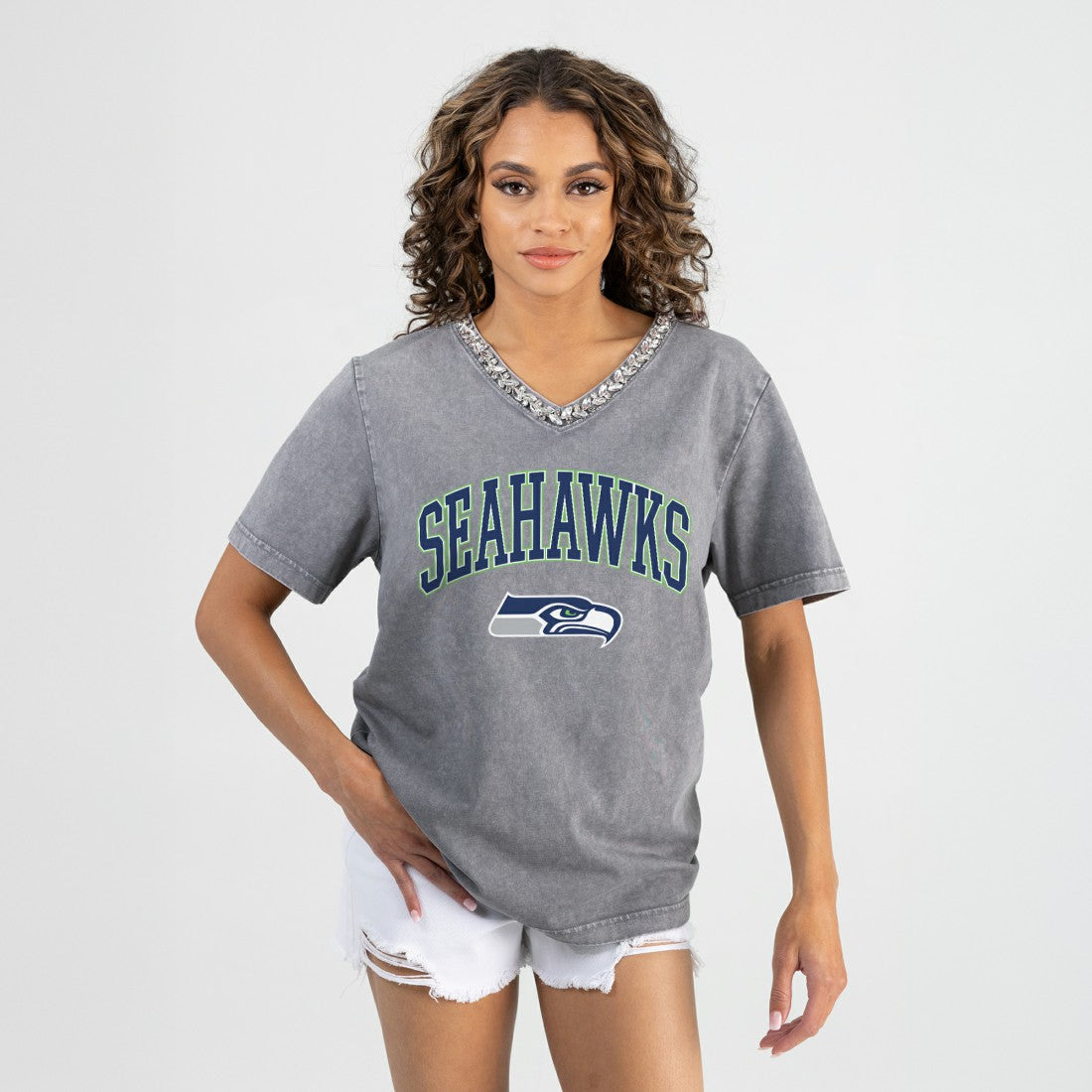 Seattle Seahawks Gameday Couture Women's Relaxed Iconic Edge Rhinestone V-Neck T-Shirt - Gray - NFL