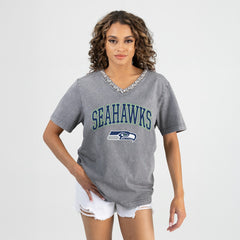 Seattle Seahawks Gameday Couture Women's Relaxed Iconic Edge Rhinestone V-Neck T-Shirt - Gray - NFL