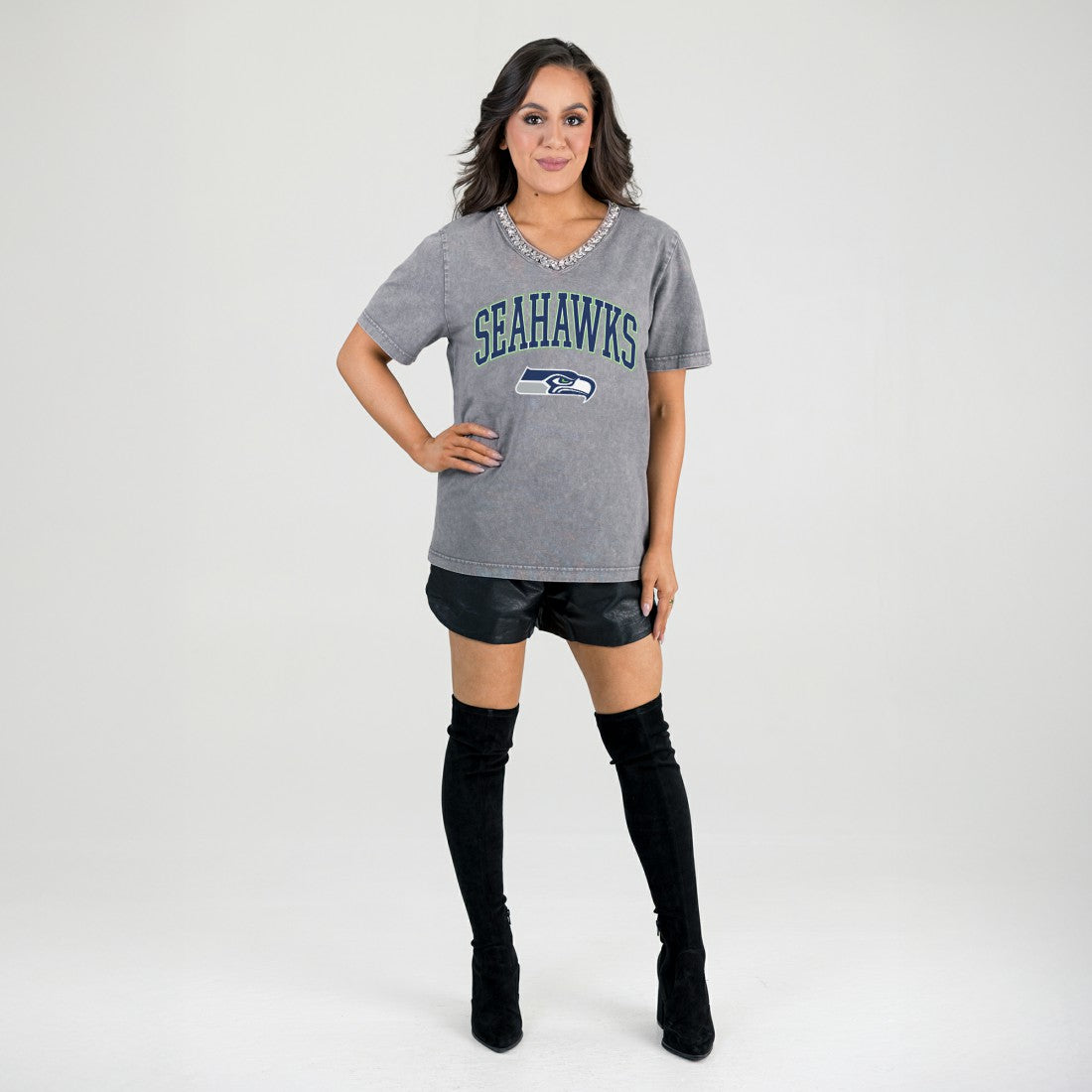 Seattle Seahawks Gameday Couture Women's Relaxed Iconic Edge Rhinestone V-Neck T-Shirt - Gray - NFL