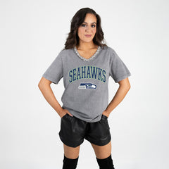 Seattle Seahawks Gameday Couture Women's Relaxed Iconic Edge Rhinestone V-Neck T-Shirt - Gray - NFL