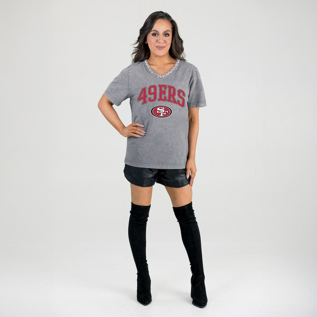 San Francisco 49ers Gameday Couture Women's Relaxed Iconic Edge Rhinestone V-Neck T-Shirt - Gray - NFL