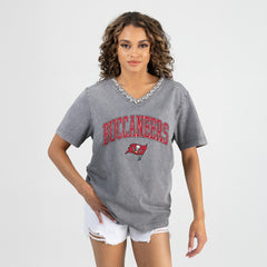Tampa Bay Buccaneers Gameday Couture Women's Relaxed Iconic Edge Rhinestone V-Neck T-Shirt - Gray - NFL