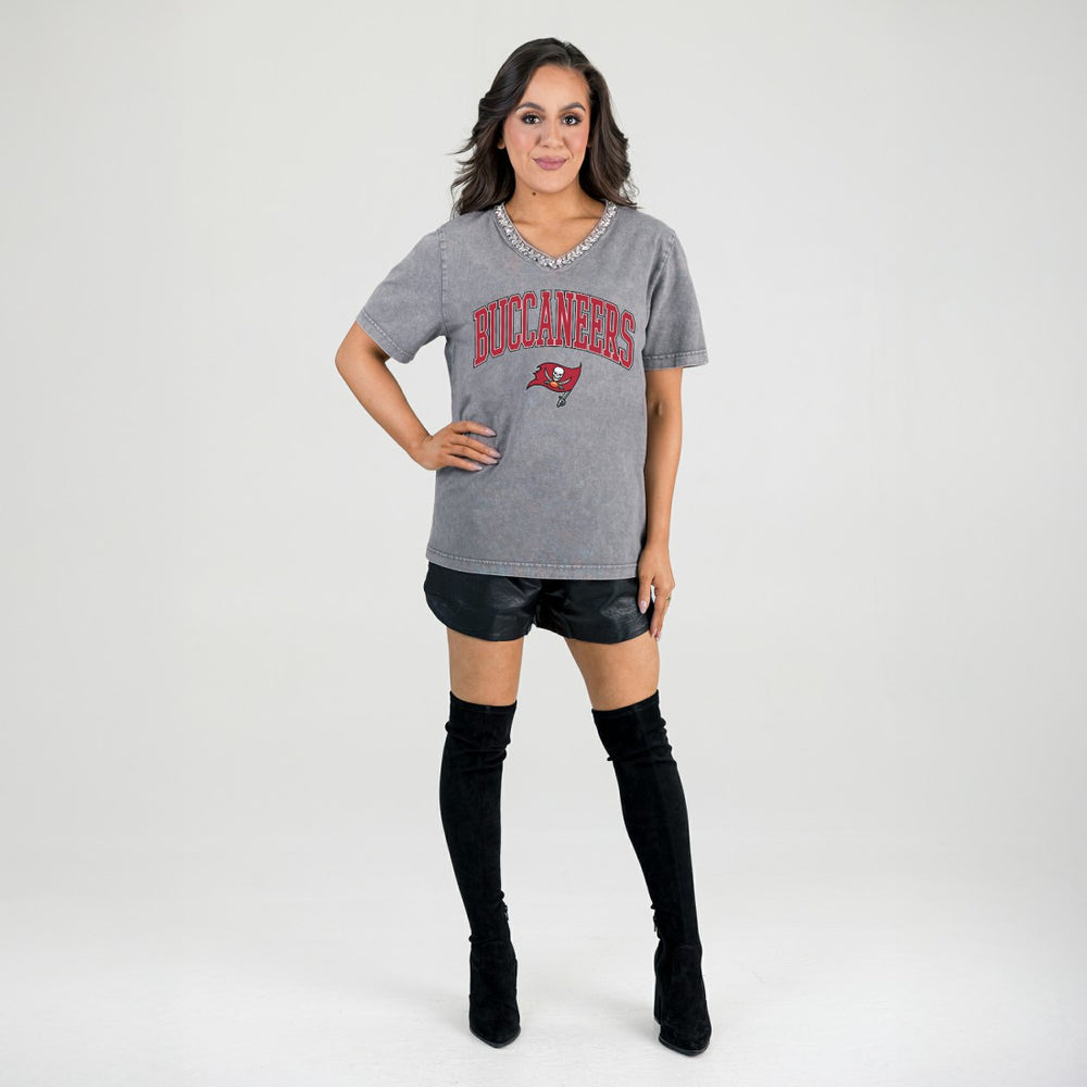 Tampa Bay Buccaneers Gameday Couture Women's Relaxed Iconic Edge Rhinestone V-Neck T-Shirt - Gray - NFL