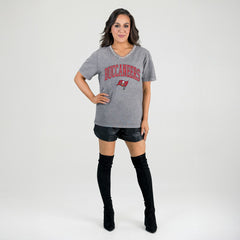 Tampa Bay Buccaneers Gameday Couture Women's Relaxed Iconic Edge Rhinestone V-Neck T-Shirt - Gray - NFL