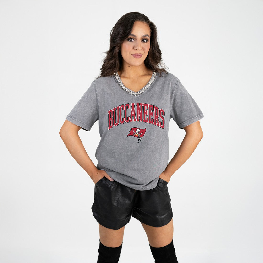 Tampa Bay Buccaneers Gameday Couture Women's Relaxed Iconic Edge Rhinestone V-Neck T-Shirt - Gray - NFL
