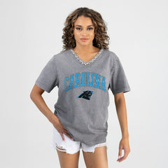 Carolina Panthers Gameday Couture Women's Relaxed Iconic Edge Rhinestone V-Neck T-Shirt - Gray - NFL