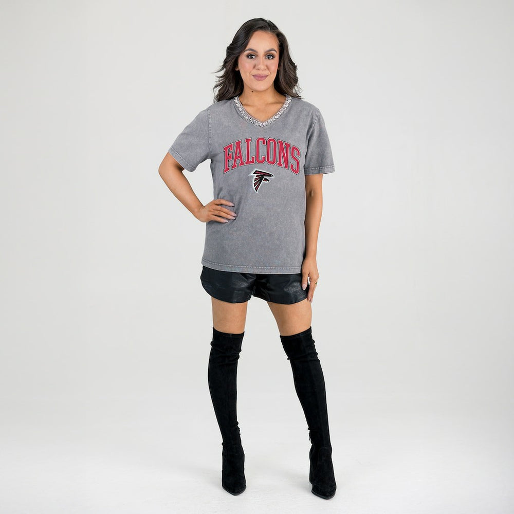 Atlanta Falcons Gameday Couture Women's Relaxed Iconic Edge Rhinestone V-Neck T-Shirt - Gray - NFL