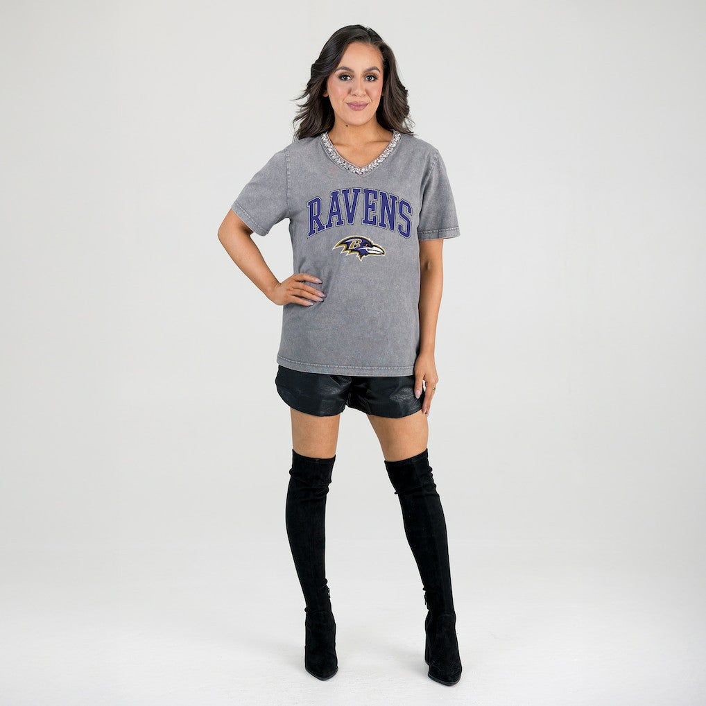 Baltimore Ravens Gameday Couture Women's Relaxed Iconic Edge Rhinestone V-Neck T-Shirt - Gray - NFL