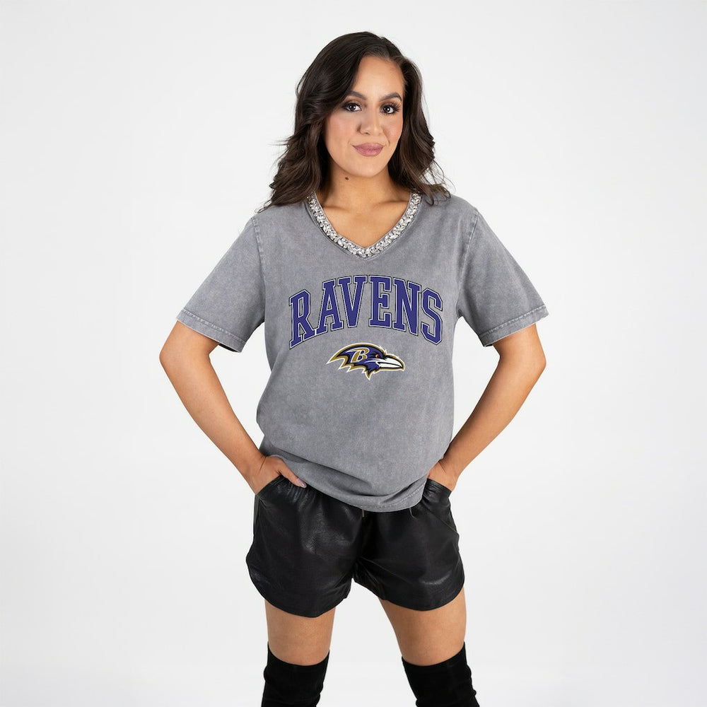 Baltimore Ravens Gameday Couture Women's Relaxed Iconic Edge Rhinestone V-Neck T-Shirt - Gray - NFL