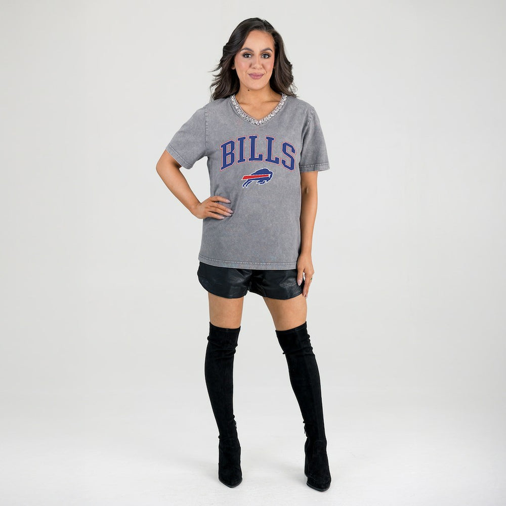 Buffalo Bills Gameday Couture Women's Relaxed Iconic Edge Rhinestone V-Neck T-Shirt - Gray - NFL