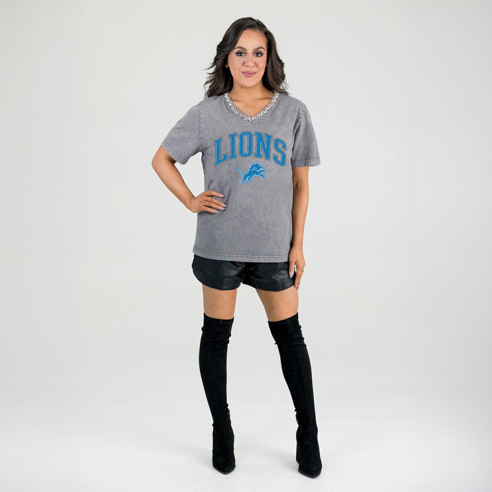 Detroit Lions Gameday Couture Women's Relaxed Iconic Edge Rhinestone V-Neck T-Shirt - Gray - NFL