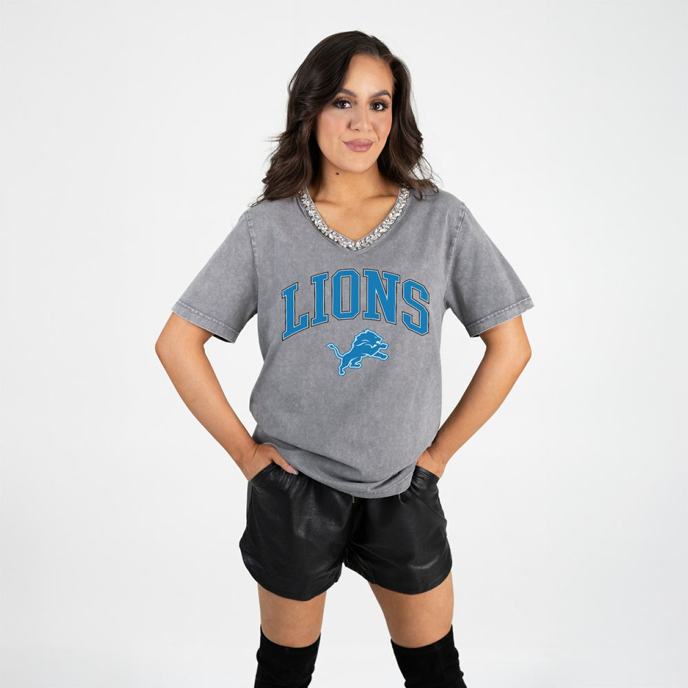 Detroit Lions Gameday Couture Women's Relaxed Iconic Edge Rhinestone V-Neck T-Shirt - Gray - NFL