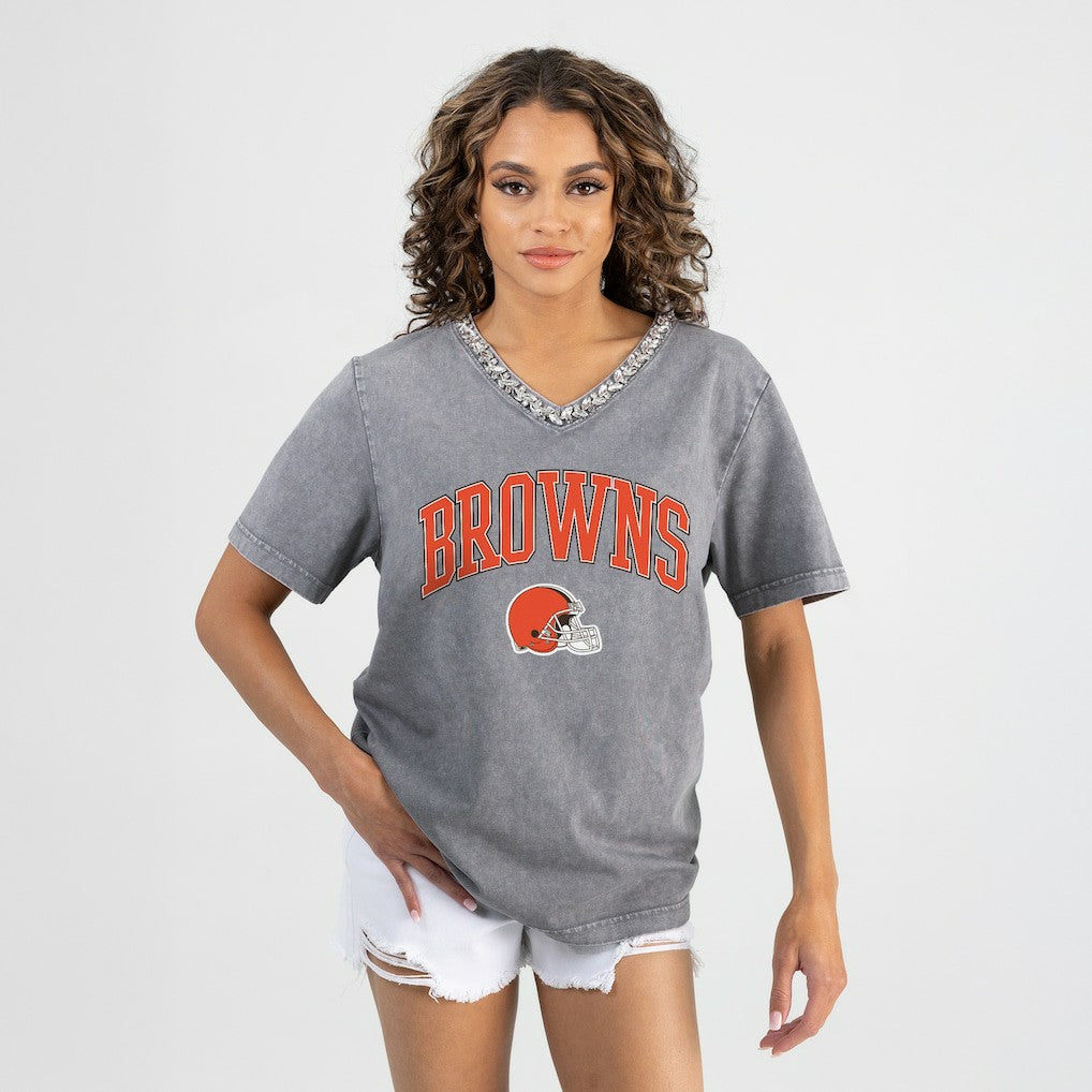 Cleveland Browns Gameday Couture Women's Relaxed Iconic Edge Rhinestone V-Neck T-Shirt - Gray - NFL