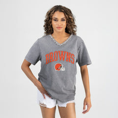 Cleveland Browns Gameday Couture Women's Relaxed Iconic Edge Rhinestone V-Neck T-Shirt - Gray - NFL