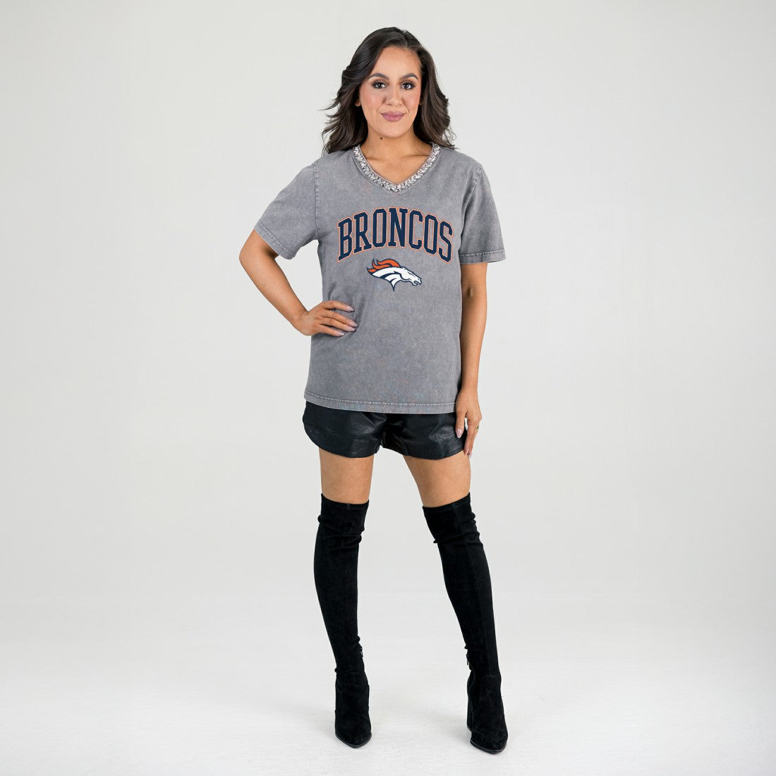 Denver Broncos Gameday Couture Women's Relaxed Iconic Edge Rhinestone V-Neck T-Shirt - Gray - NFL