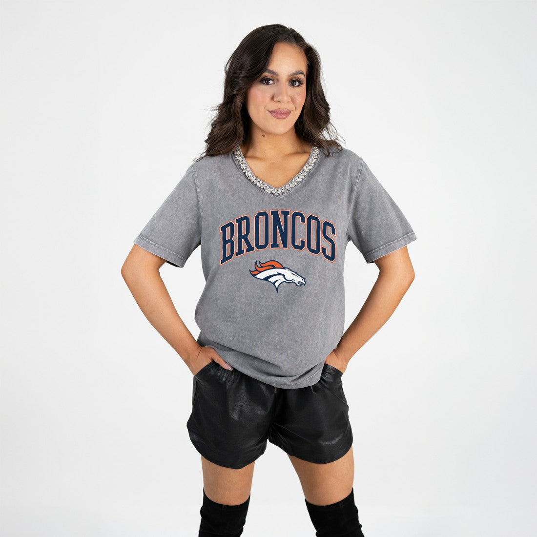 Denver Broncos Gameday Couture Women's Relaxed Iconic Edge Rhinestone V-Neck T-Shirt - Gray - NFL