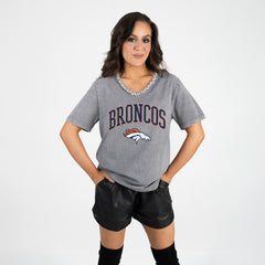 Denver Broncos Gameday Couture Women's Relaxed Iconic Edge Rhinestone V-Neck T-Shirt - Gray - NFL