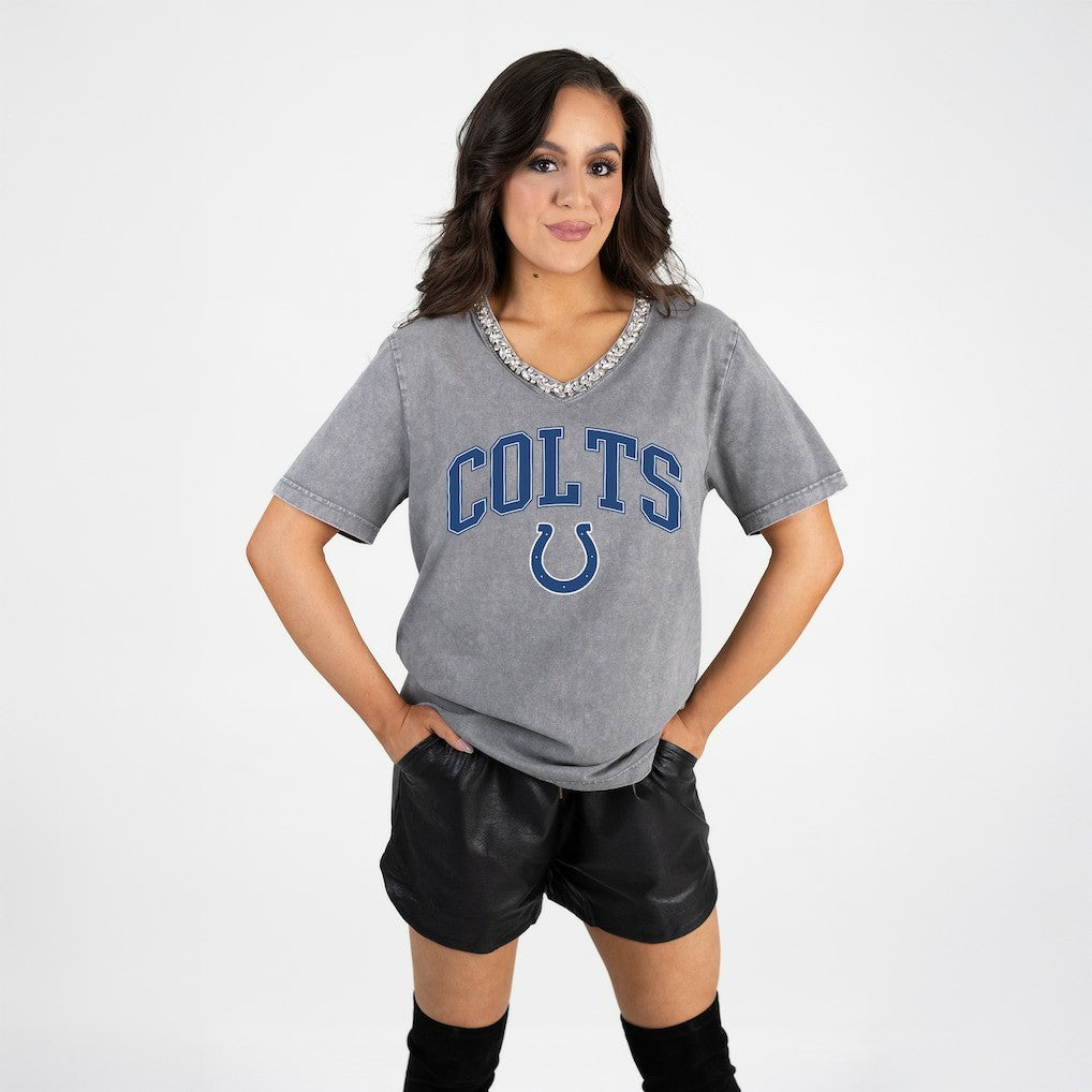 Indianapolis Colts Gameday Couture Women's Relaxed Iconic Edge Rhinestone V-Neck T-Shirt - Gray - NFL