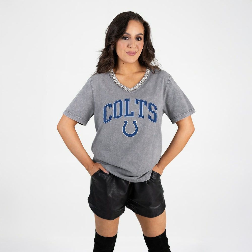 Indianapolis Colts Gameday Couture Women's Relaxed Iconic Edge Rhinestone V-Neck T-Shirt - Gray - NFL