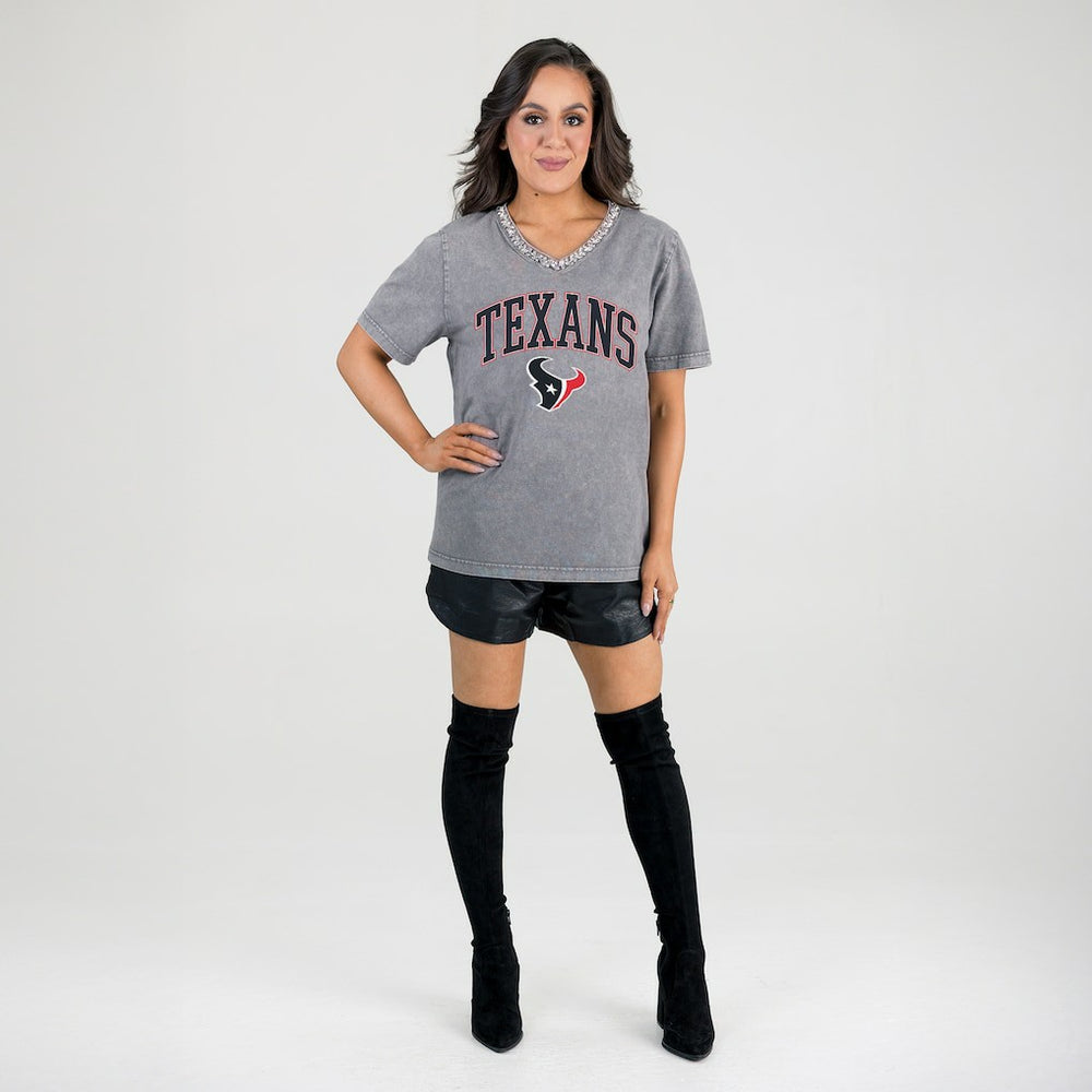 Houston Texans Gameday Couture Women's Relaxed Iconic Edge Rhinestone V-Neck T-Shirt - Gray - NFL