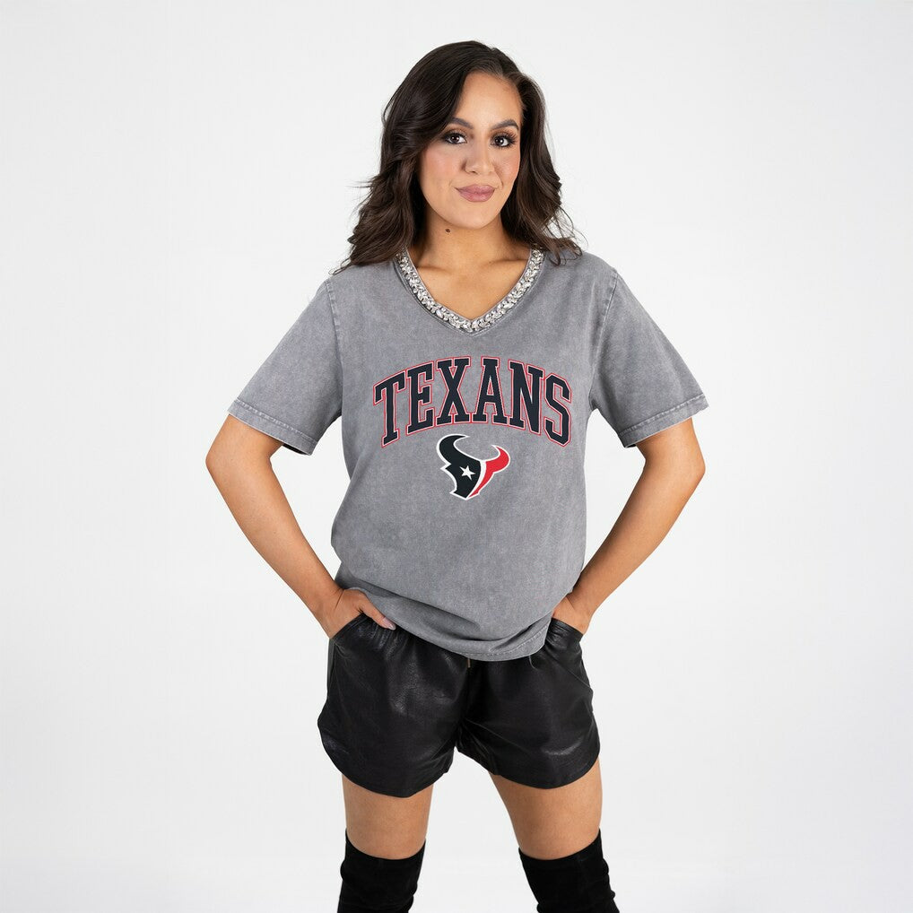 Houston Texans Gameday Couture Women's Relaxed Iconic Edge Rhinestone V-Neck T-Shirt - Gray - NFL