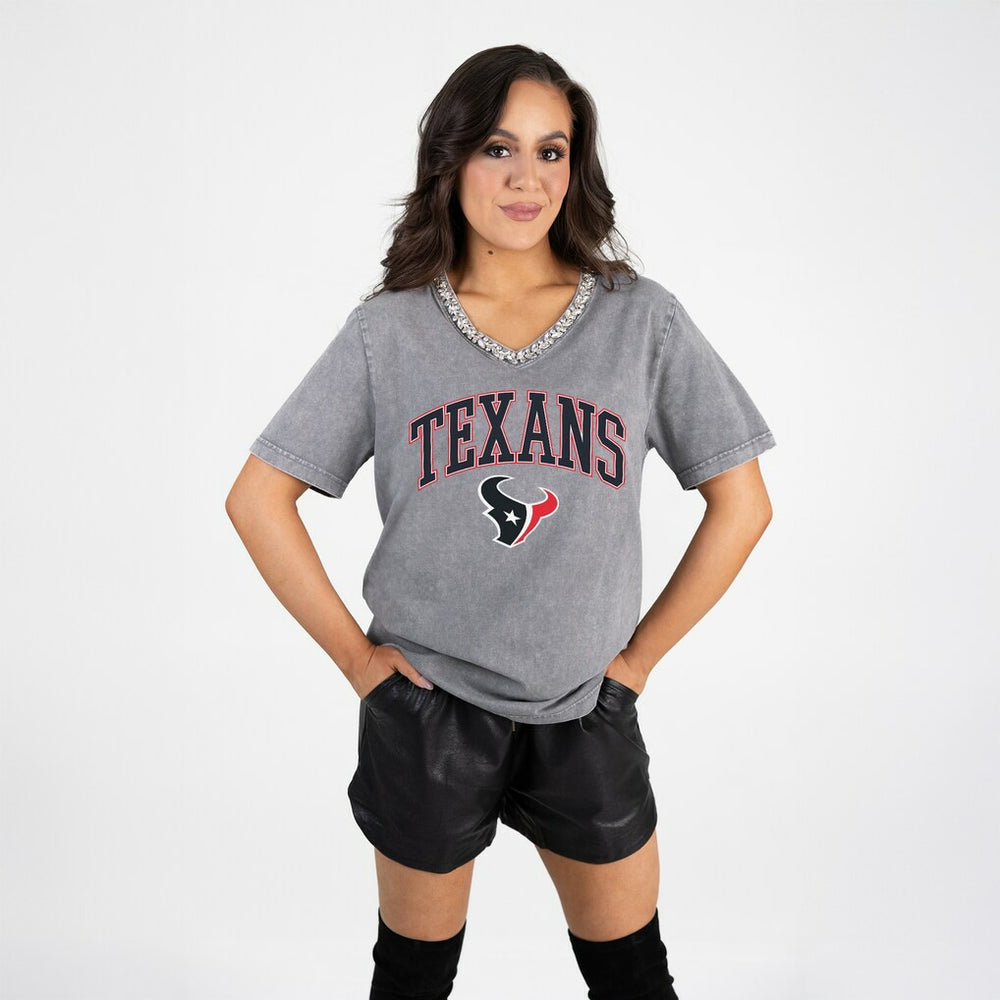 Houston Texans Gameday Couture Women's Relaxed Iconic Edge Rhinestone V-Neck T-Shirt - Gray - NFL