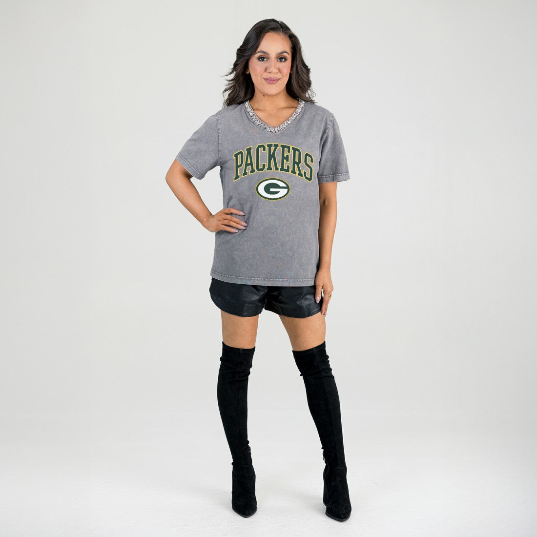 Green Bay Packers Gameday Couture Women's Relaxed Iconic Edge Rhinestone V-Neck T-Shirt - Gray - NFL