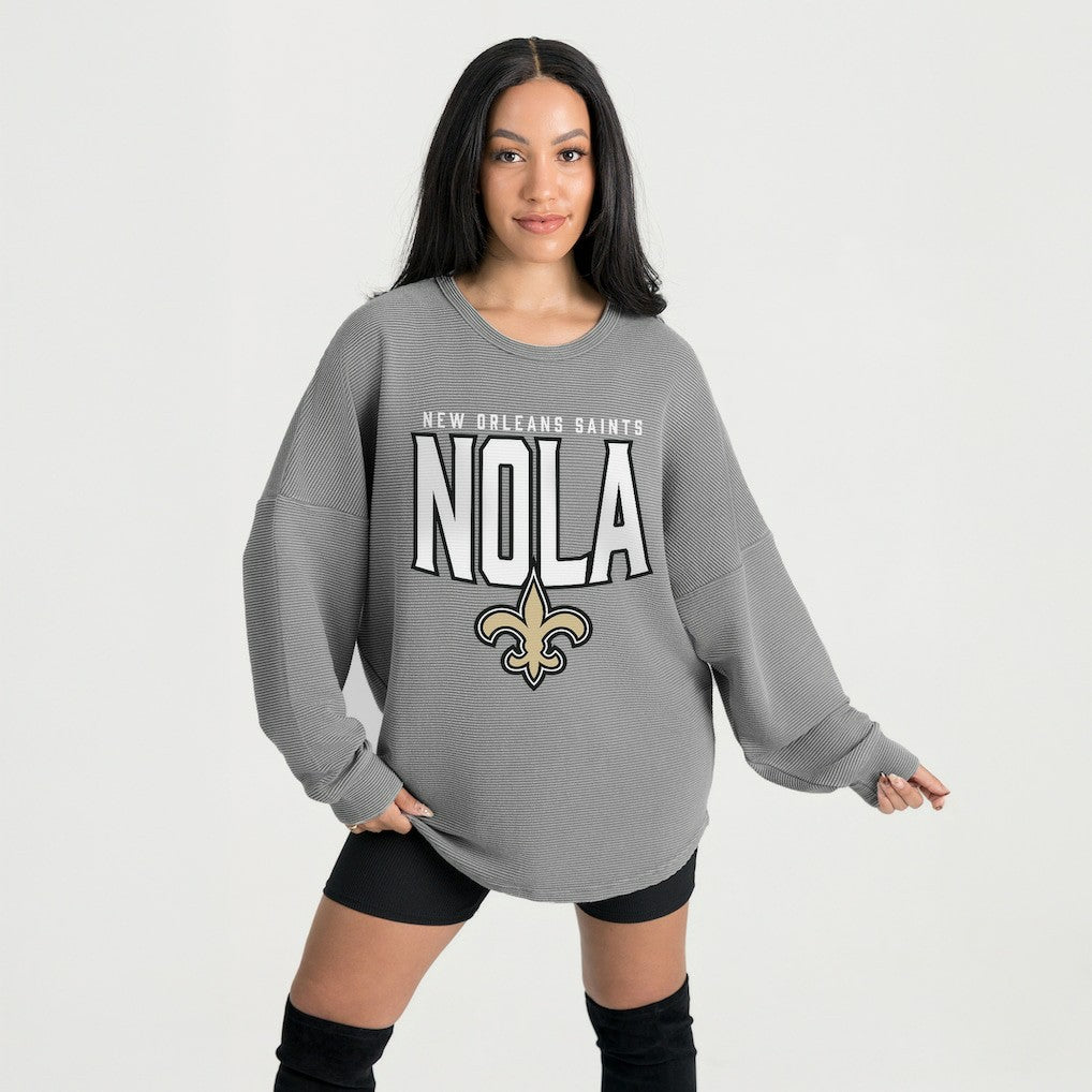 New Orleans Saints Gameday Couture Women's Oversized Pure Motion Corded Sweatshirt - Gray - NFL
