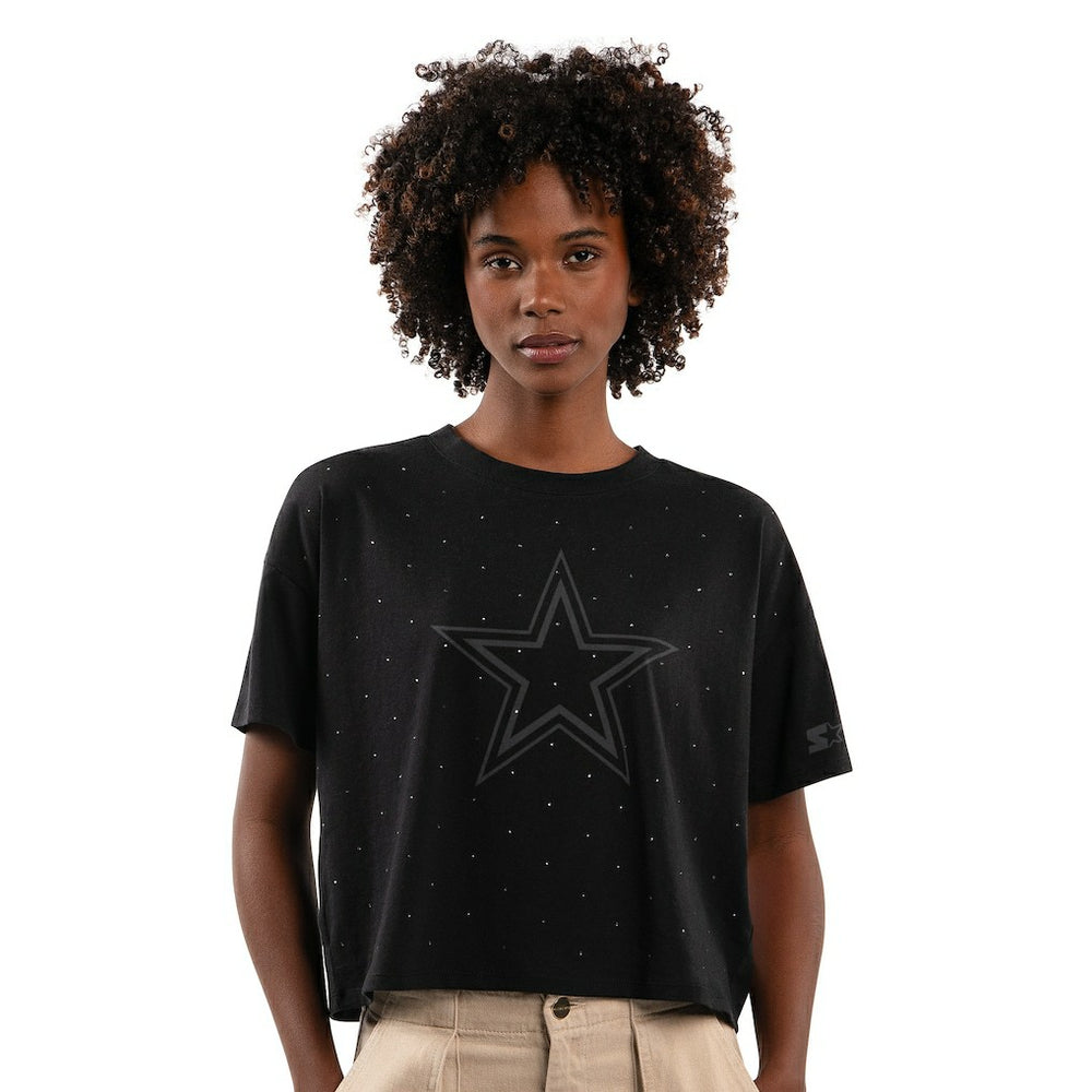 Dallas Cowboys Starter Women's Rhinestone Sprinkle Boxy Cropped T-Shirt - Black - NFL