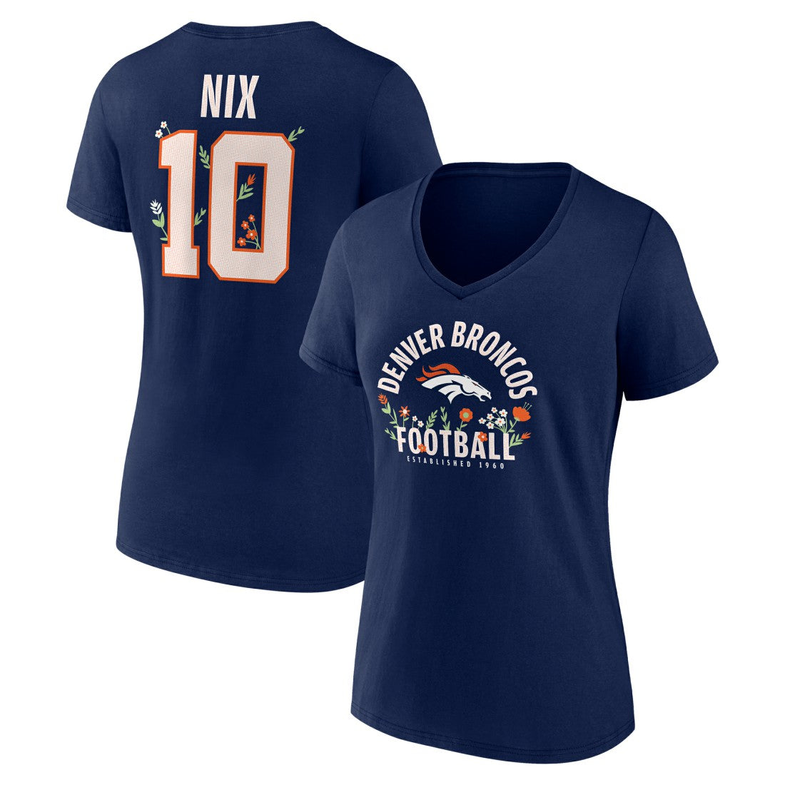 Bo Nix Denver Broncos Women's Floral Name & Number V-Neck T-Shirt - Navy - NFL