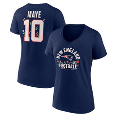 Drake Maye New England Patriots Women's Floral Name & Number V-Neck T-Shirt - Navy - NFL