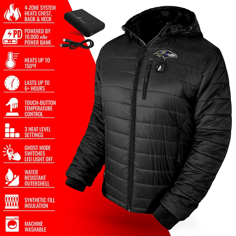 Baltimore Ravens ActionHeat 5V Battery Heated Full-Zip Hoodie Puffer Jacket - Black - NFL