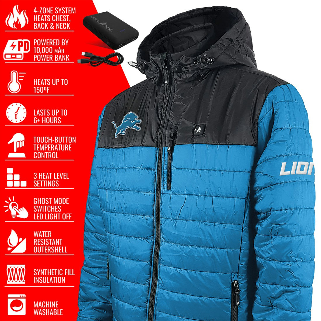 Detroit Lions ActionHeat 5V Battery Heated Colorblock Full-Zip Puffer Jacket - Black/Blue - NFL
