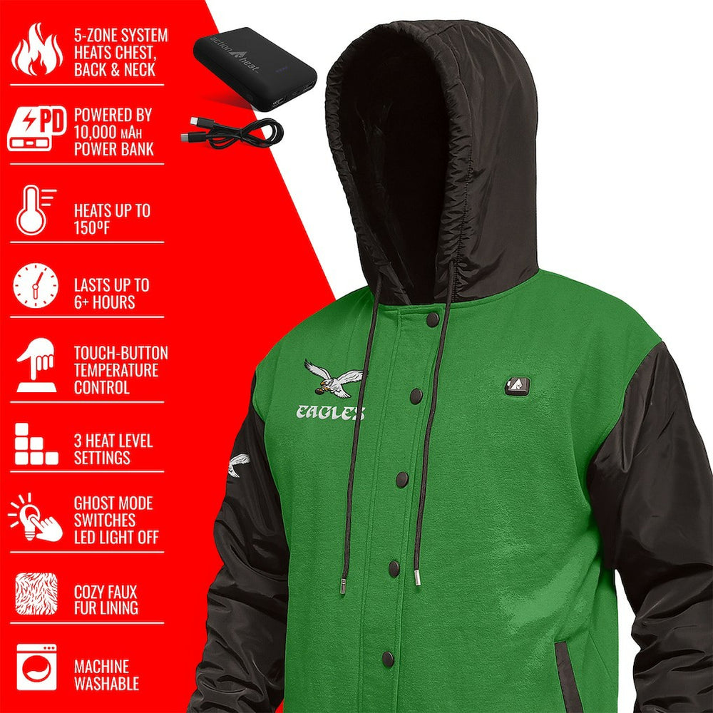 Philadelphia Eagles ActionHeat 5V Battery Heated Full-Snap Varsity Jacket - Kelly Green/Black - NFL