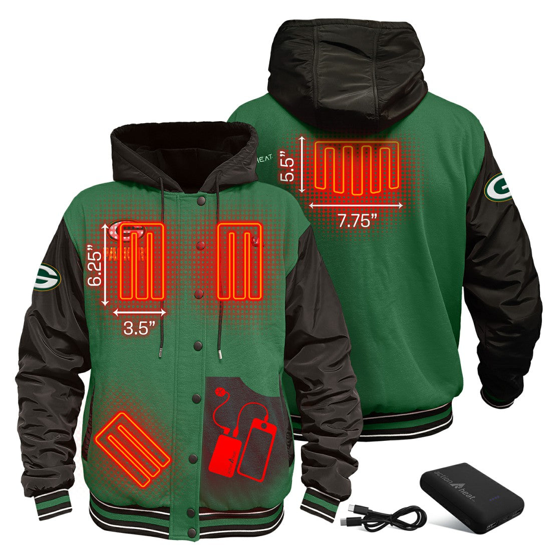 Green Bay Packers ActionHeat 5V Battery Heated Full-Snap Varsity Jacket - Green/Black - NFL