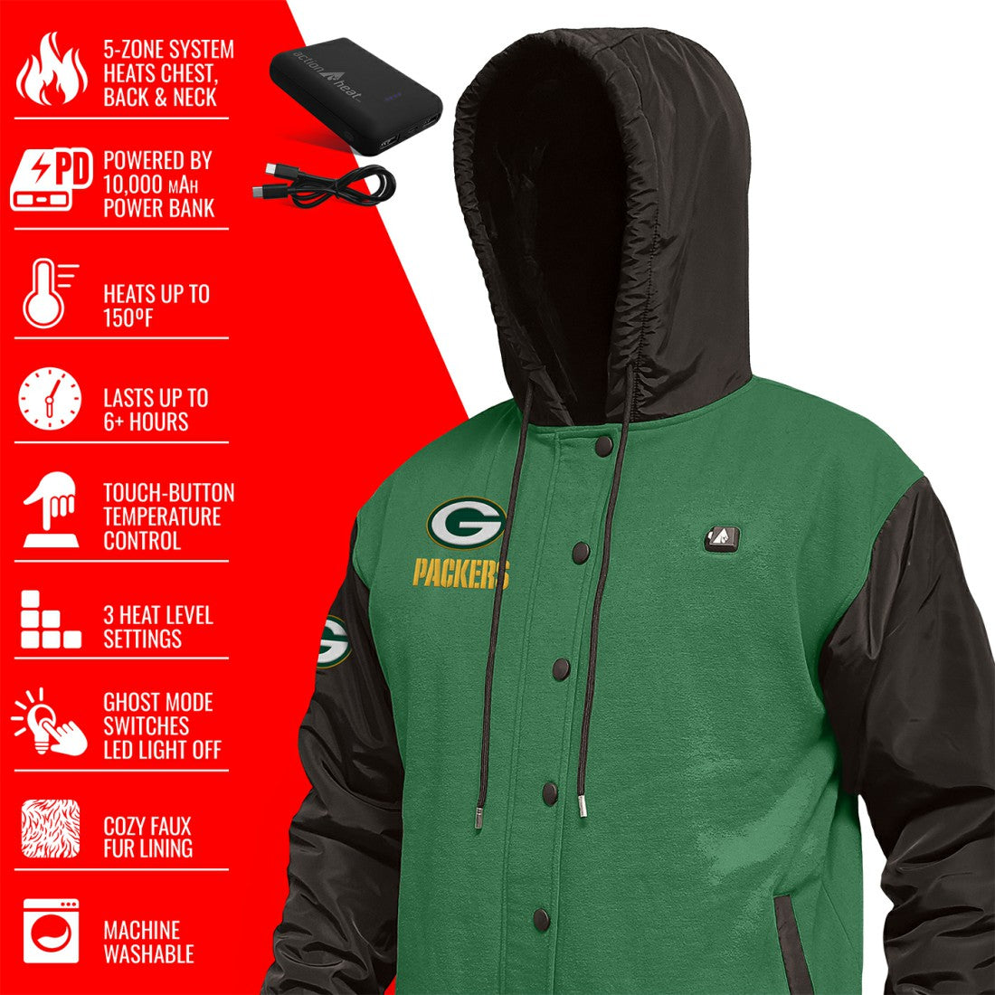 Green Bay Packers ActionHeat 5V Battery Heated Full-Snap Varsity Jacket - Green/Black - NFL