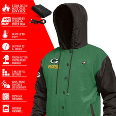 Green Bay Packers ActionHeat 5V Battery Heated Full-Snap Varsity Jacket - Green/Black - NFL