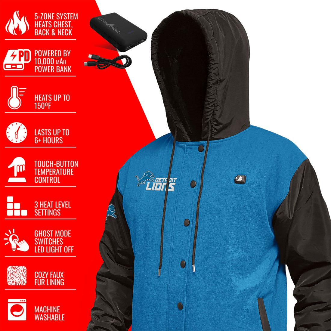 Detroit Lions ActionHeat 5V Battery Heated Full-Snap Varsity Jacket - Blue/Black - NFL