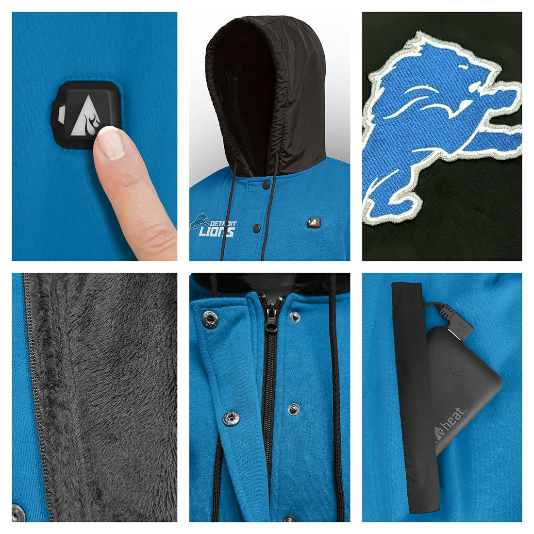 Detroit Lions ActionHeat 5V Battery Heated Full-Snap Varsity Jacket - Blue/Black - NFL