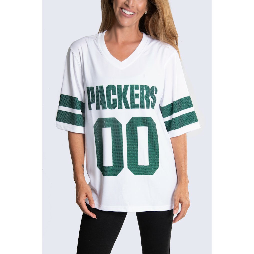 Green Bay Packers Cuce Women's Rhinestone V-Neck Tunic - White - NFL