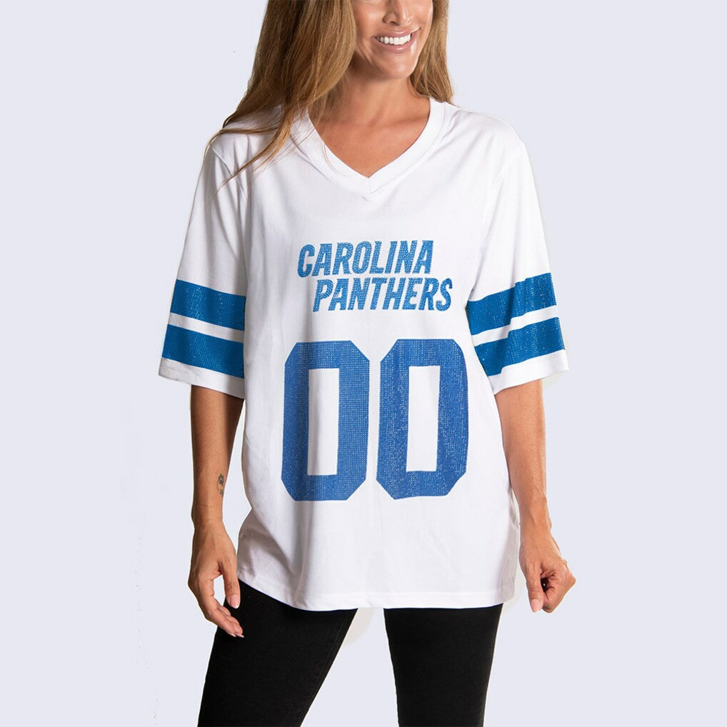 Carolina Panthers Cuce Women's Rhinestone V-Neck Tunic - White - NFL