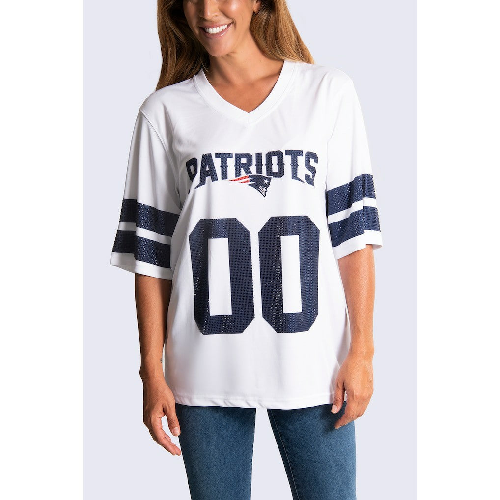 New England Patriots Cuce Women's Rhinestone V-Neck Tunic - White - NFL